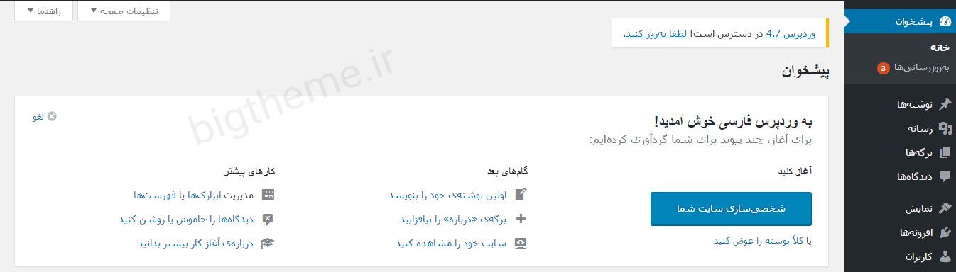 پنل خوش آمدگویی پیشخوان وردپرس